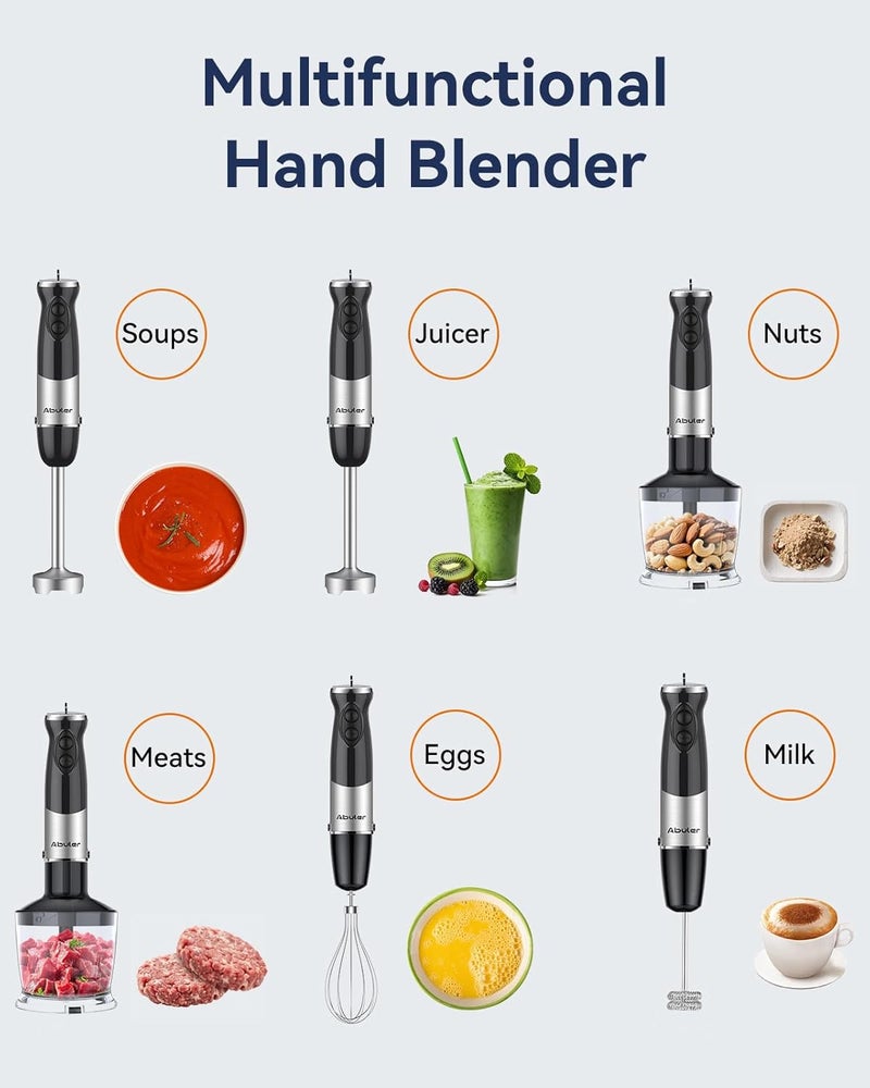 Abuler Immersion Blender Handheld 1000W 5 in 1 Corded Stick Hand Blender Kitchen with 12 Speed, BPA-Free, Mixing Beaker, Chopper, Whisk, Milk Frother, Perfect Emulsifier for Soup, Baby Food, Sauce, Puree - Image 5